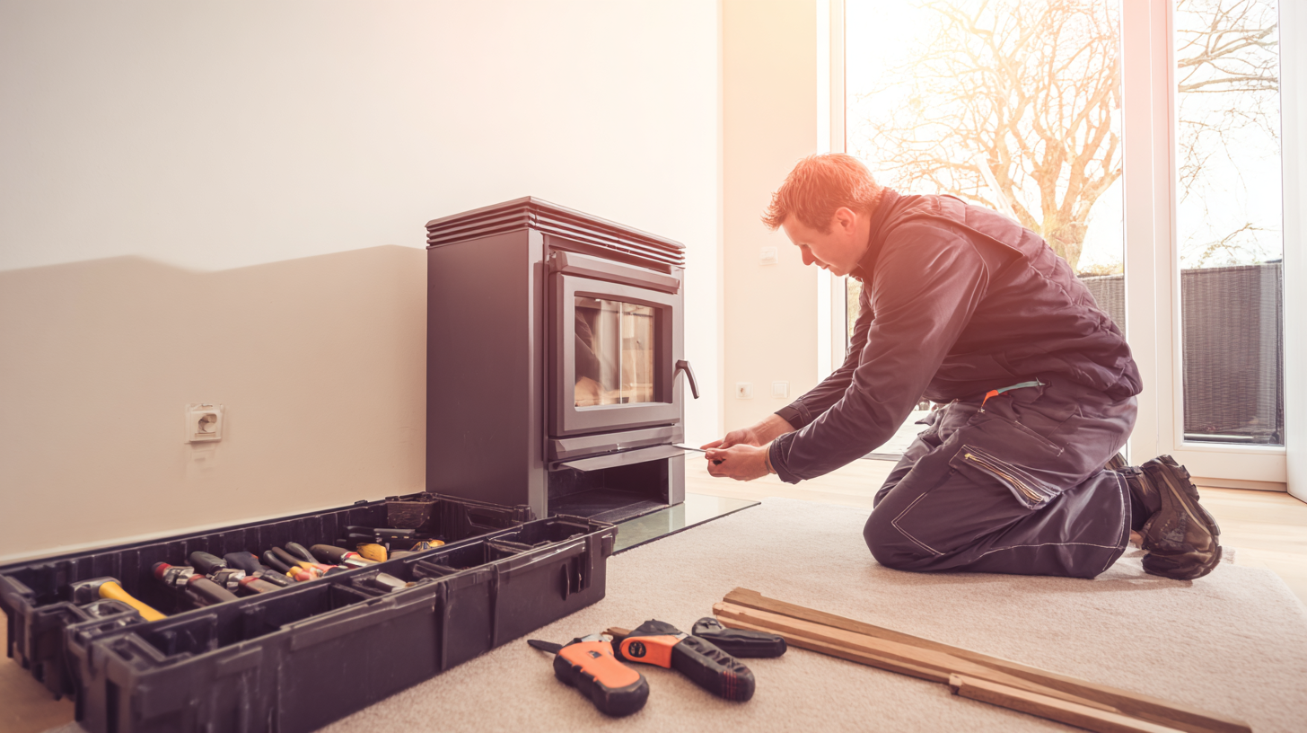 Person installing a fireplace in a room with tools and materials on the floor.