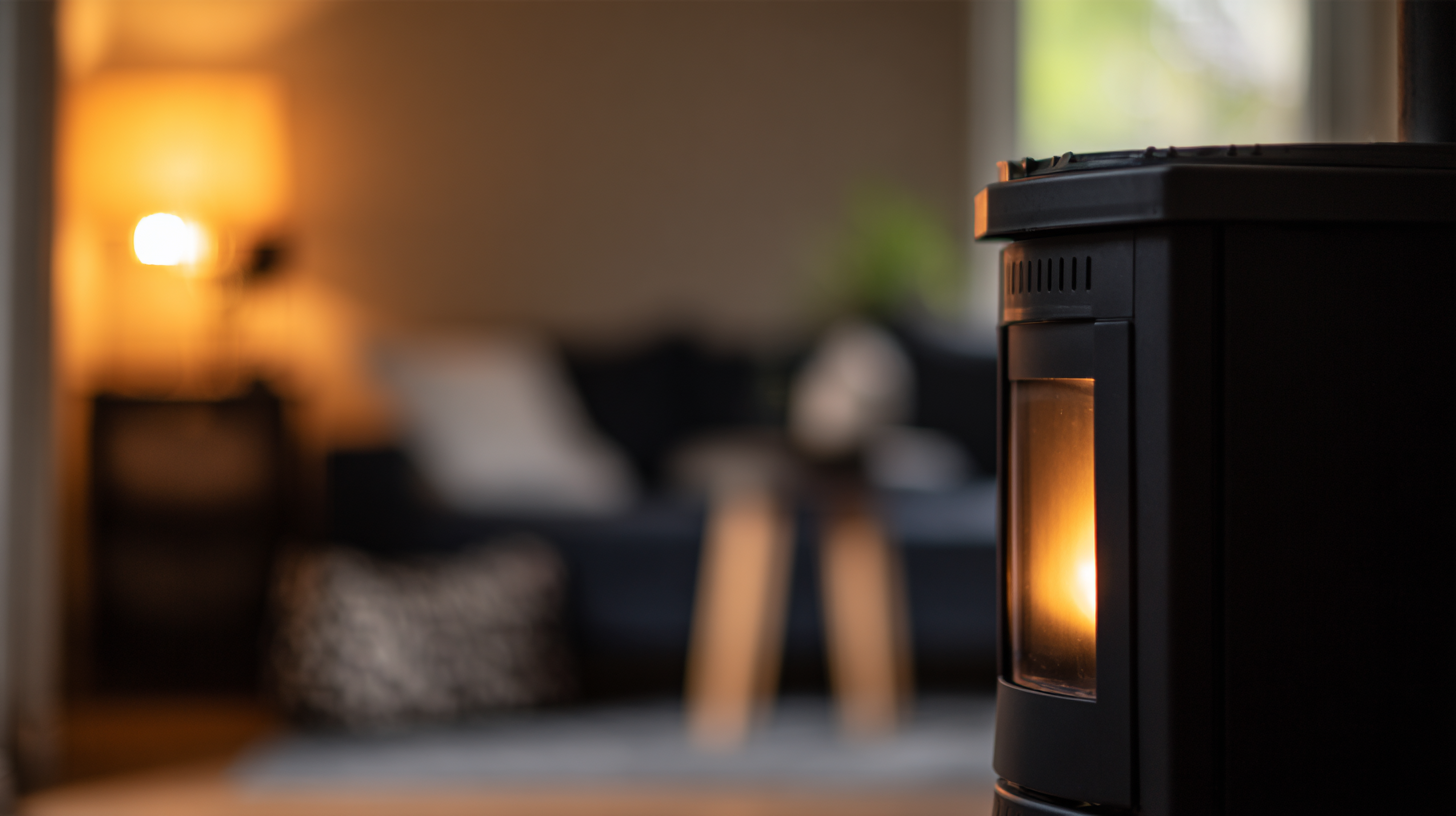 Modern pellet stove in a living room with blurred background